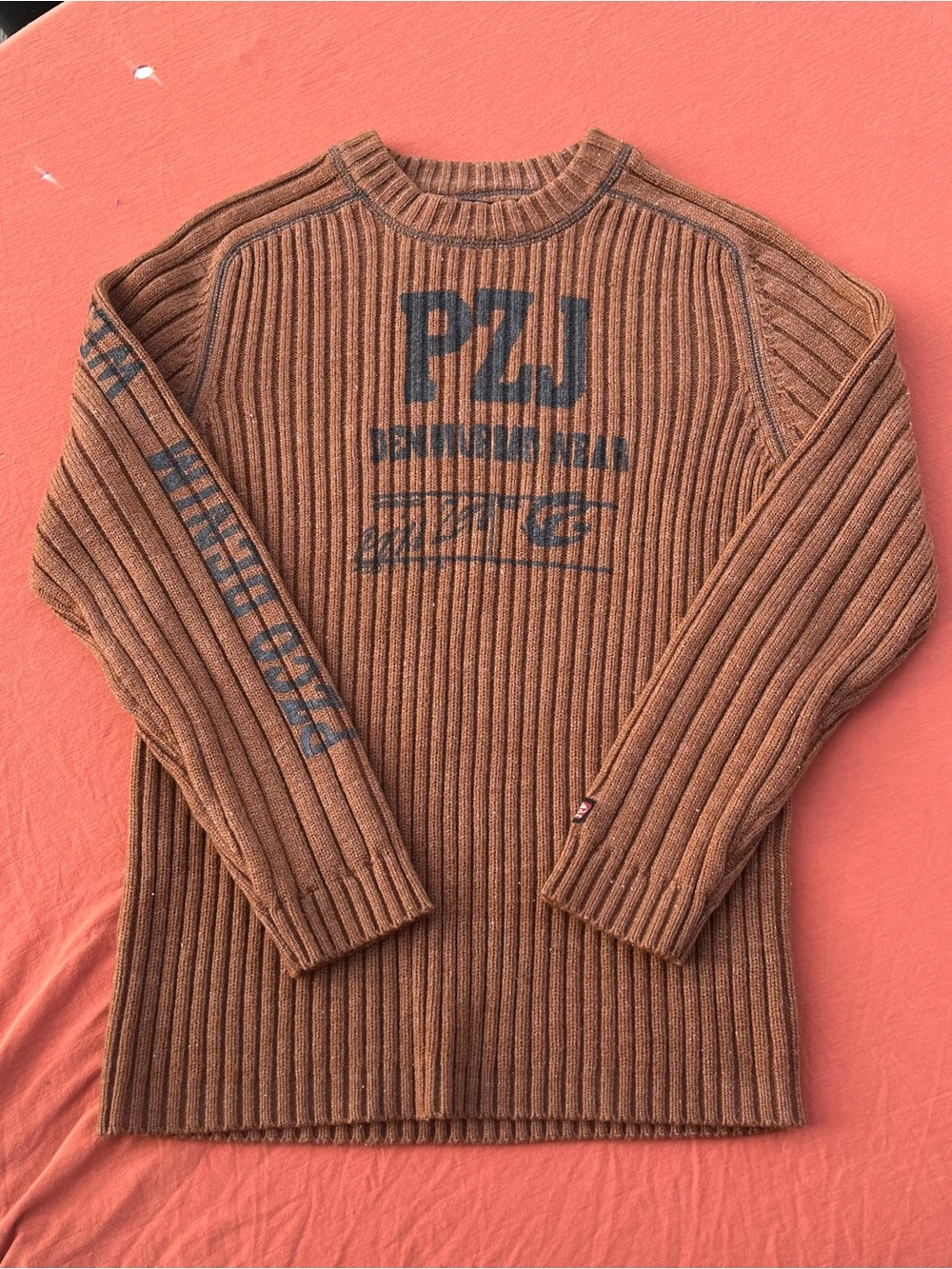 Point Zero Vintage Brown Ribbed Crewneck Sweater with Black Graphic